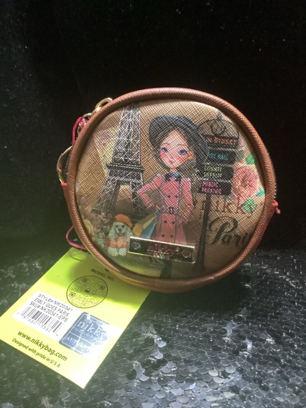 Nikky Round Paris Illustration Coin Purse - Tan Pink Accents